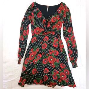 Free People Floral Black and Red Fit And Flare Dress Sz 2